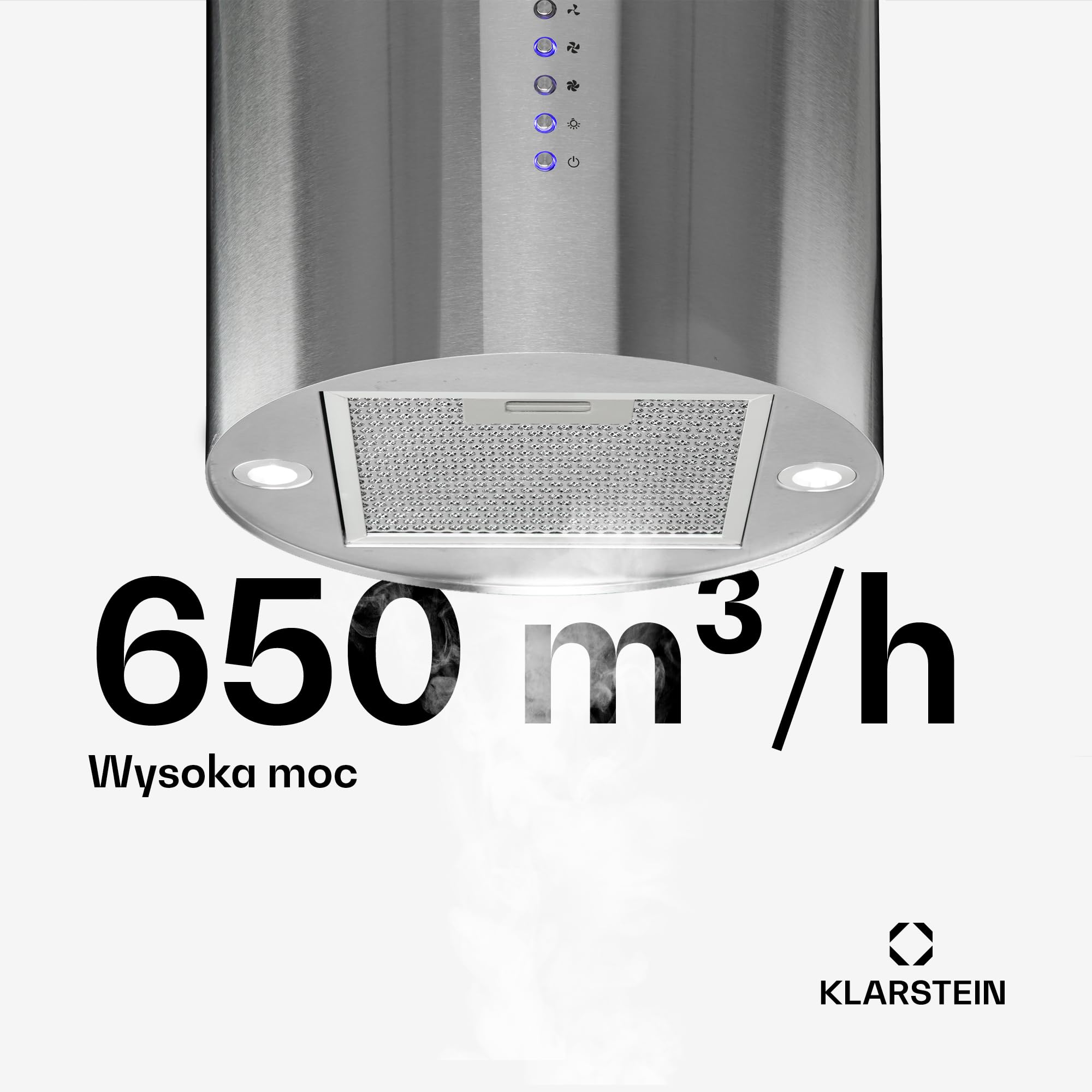Klarstein Okap kuchenny, Okap wyspowy wiszący, wyciągowy/z recyrkulacją do montażu sufitowego, z 3 biegami, Timer, Przepływ powietrza 519m³/h i filtr węglowy