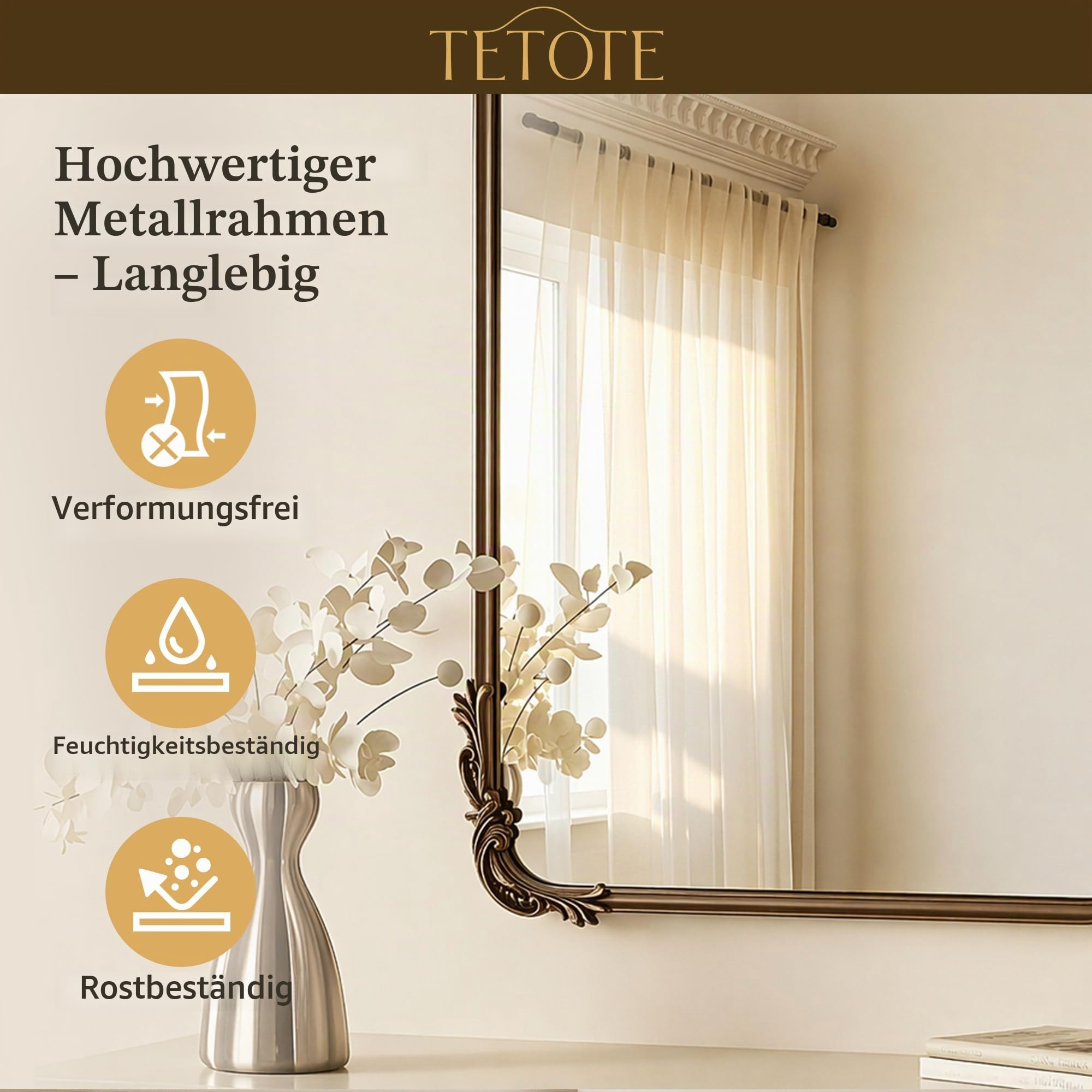 TETOTE Gold Vintage Spiegel - 60x90cm Goldener Vintage Wandspiegel - Barock Spiegel mit Gold Rahmen & Gehärtetem Sicherheitsglas - Horizontal & Vertikal Montage für Flur Bad Wohnzimmer