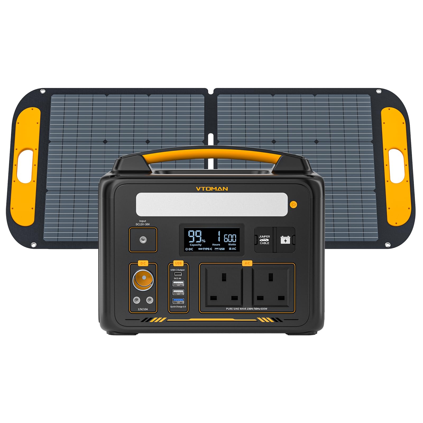 VTOMAN Jump 600X Expandable Portable Power Station with 110W Foldable Lightweight Solar Panel-299Wh Solar Generator LiFePO4 Battery with 600W (Surge 1200W) AC Outlet, PD 60W Type-C Output for Camping
