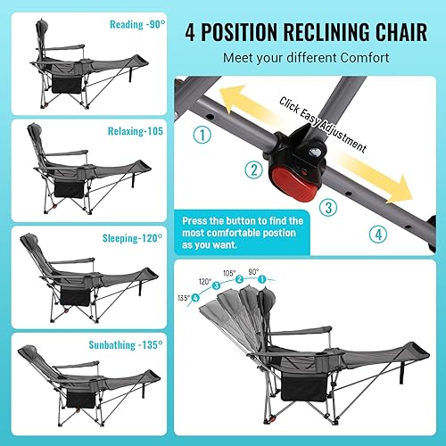 Miniatura 3 de #WEJOY Silla de camping reclinable 2 en 1 con reposapiés para adultos, silla plegable con respaldo ajustable, sillas de campamento ligeras, sillas