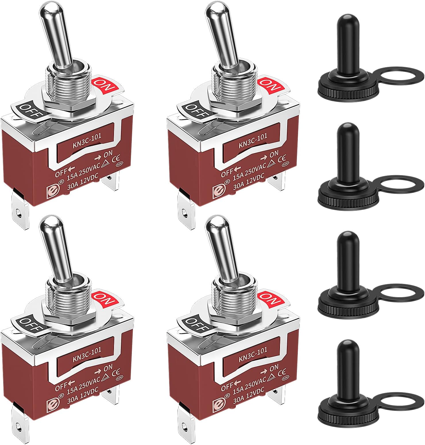 RVBOATPAT Waterproof Toggle Switch 12V Marine Boat Automotive Car SPST 2 Pin ON Off Toggle Switch with Boot Cover 30A 12 Volt 120V Heavy Duty -4pcs