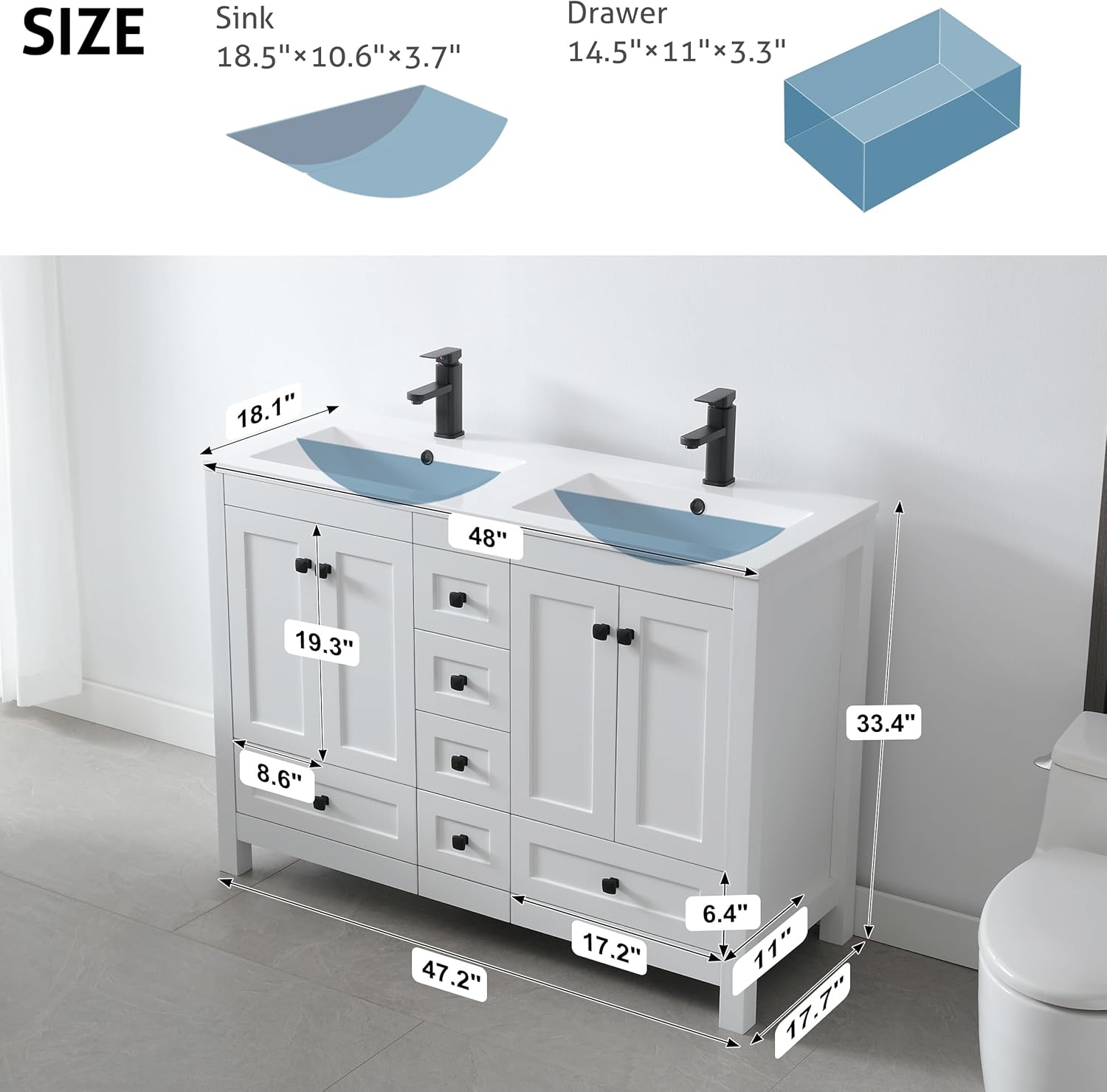 eclife 48" Bathroom Vanities with Sink Combo, Modern Thickened Wood Bathroom Storage Cabinet w/Undermount Double Sink, Matte Black Faucet Drain, Painted Surface, White