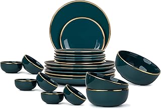 Shay Teal Gold Ceramic Dinner Set, 21 Pieces, Goldline Series | Dinner Set for Dining Table | Bone-Ash Free | Crockery Set...