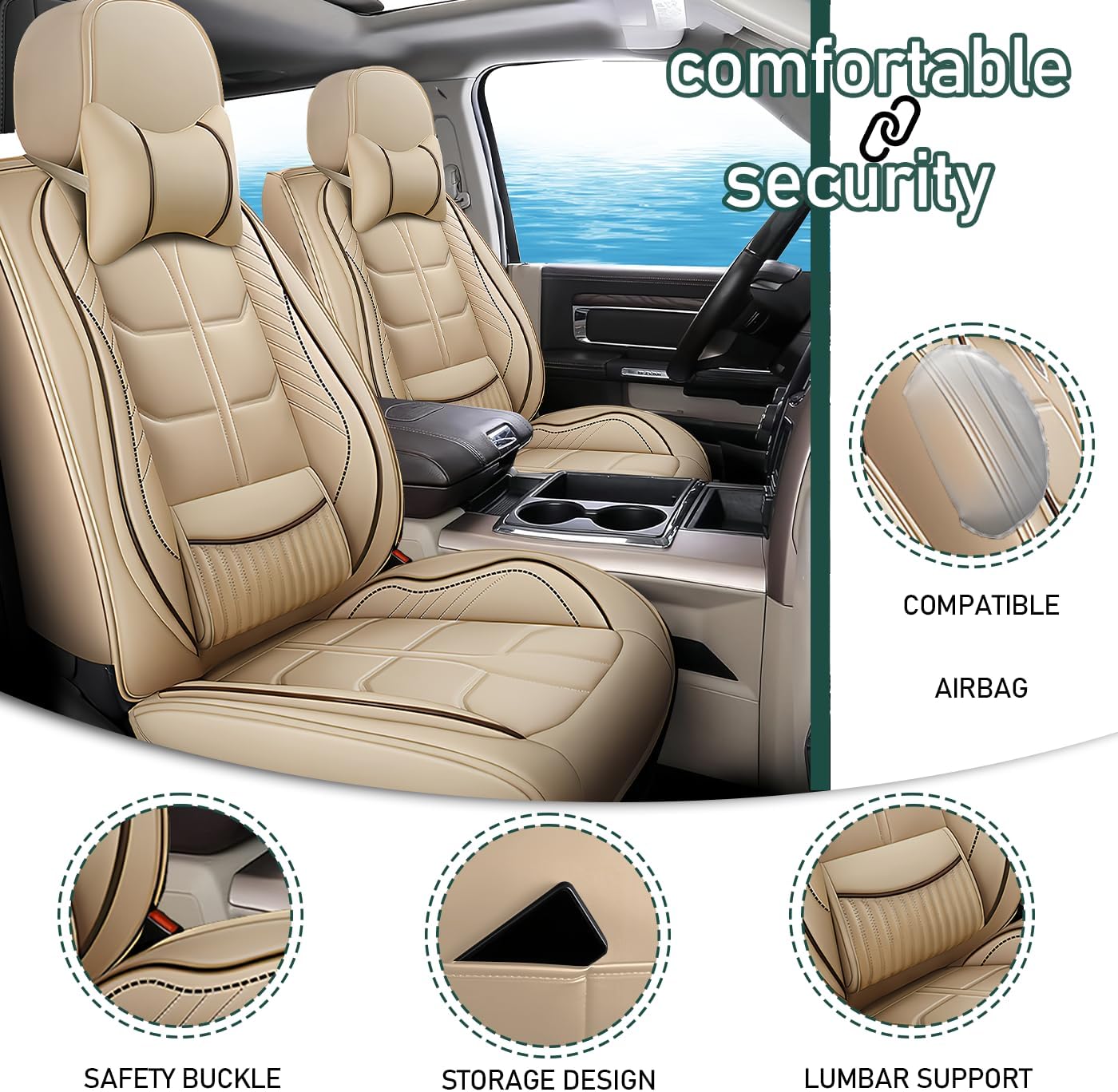 Car Seat Covers Fit for Toyota Highlander 2000-2025 | 7 Seat Car Seat Cover | No-Slip Waterproof Breathable Nappa Leather Automotive Seat Covers Auto Interior Covers.Beige,Full Set with Pillow