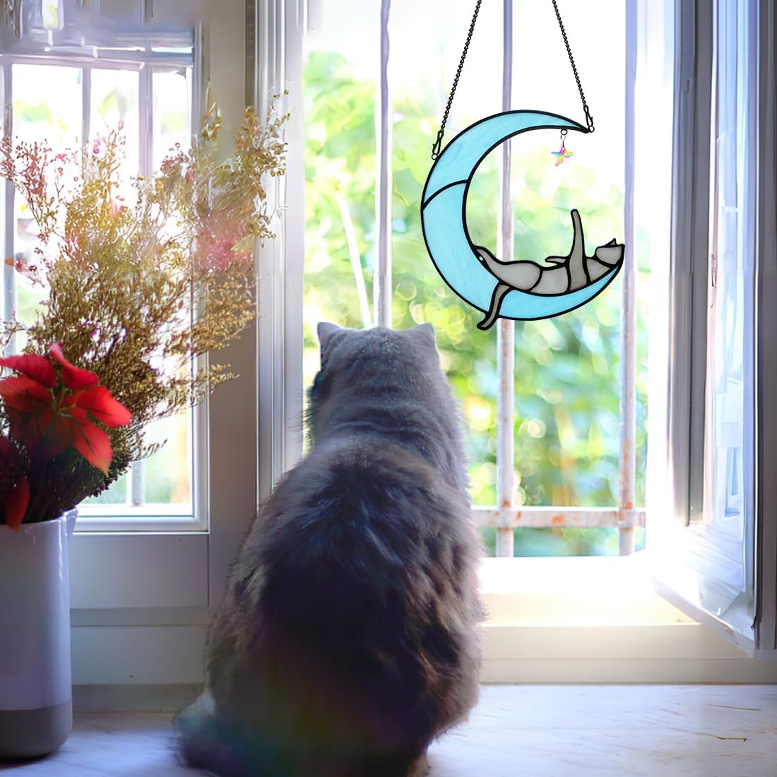 BOXCASA Handmade Gray Cat on Moon Stained Glass Suncatcher - Colorful Crystal Star & Window Hanging Decor for Cat Lovers, (Women, Mom, Grandma) - Image 4