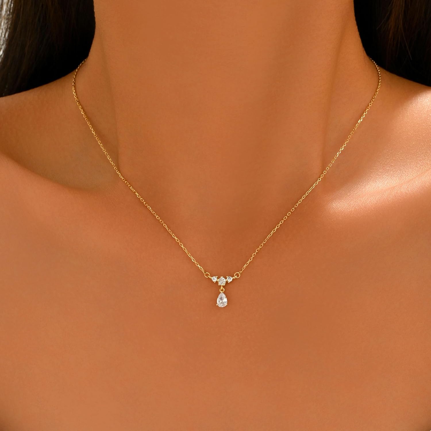 925 Sterling Silver Teardrop Necklace for Women 14K Gold Plated Dainty Cubic Zirconia Drop Bridal Crown Pendant Necklace to Daughter Mom Sparkling Diamond Charm Chain Wedding Mother's Day Jewelry Gift