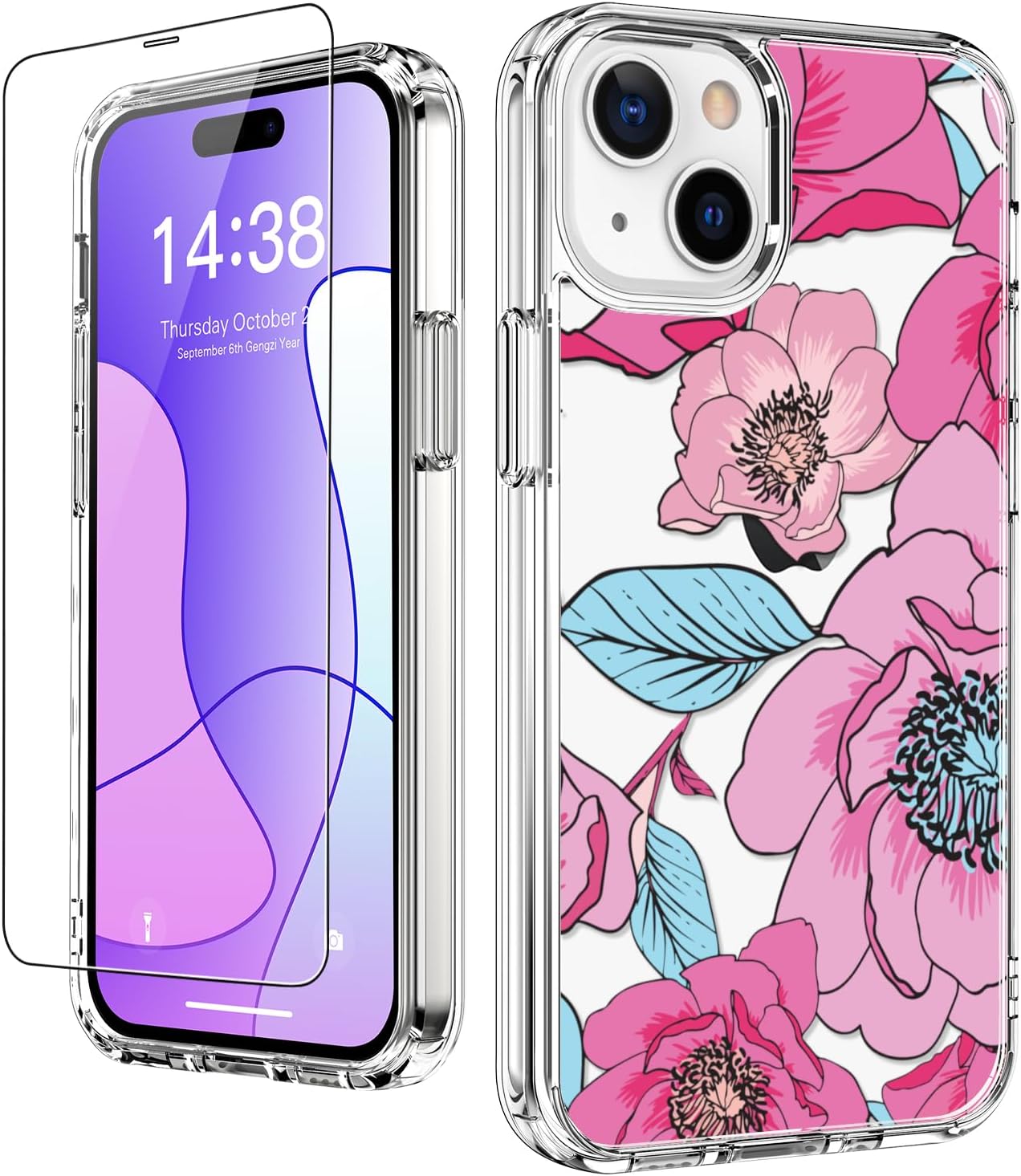 LUHOURI for 15 Case with Screen Protector - Crystal Clear Cover with Fashionable Designs for Women and Girls - Slim Fit Protective Phone Case 6.1",Pink Blooming Blossoms