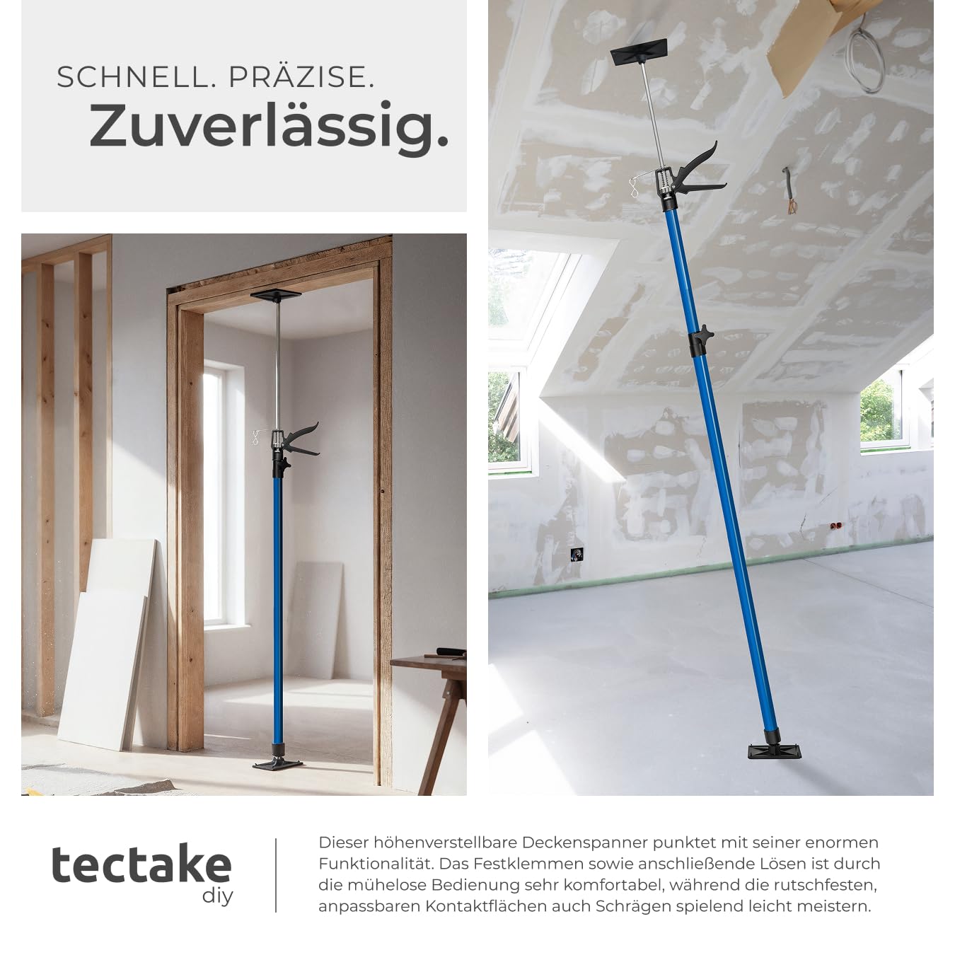 tectake® Baustützen Teleskop Stange 115-290 cm, Baustütze mit Auflageplatten mit Kugelgelenk, Montagestütze je 30 kg Tragkraft, Spannstange, Montagehilfe für Deckenverkleidung - blau, 4er Set