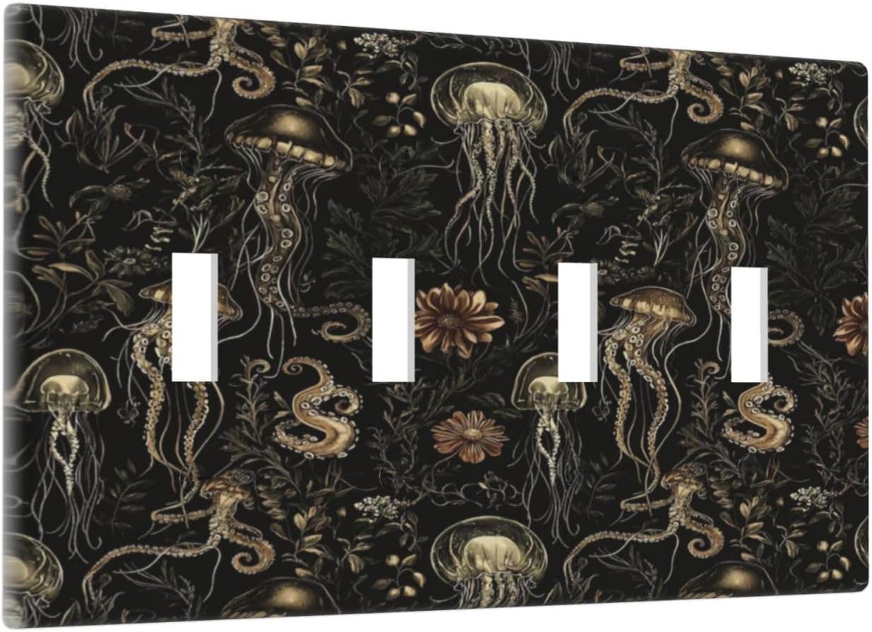 Decorative Switch Plate Covers Black Gold Jellyfish Squid Deep Sea Creatures 4 Gang Light Switch Cover Plate Quad Toggle Wall Plate Outlet Covers for Bedroom Home Decor