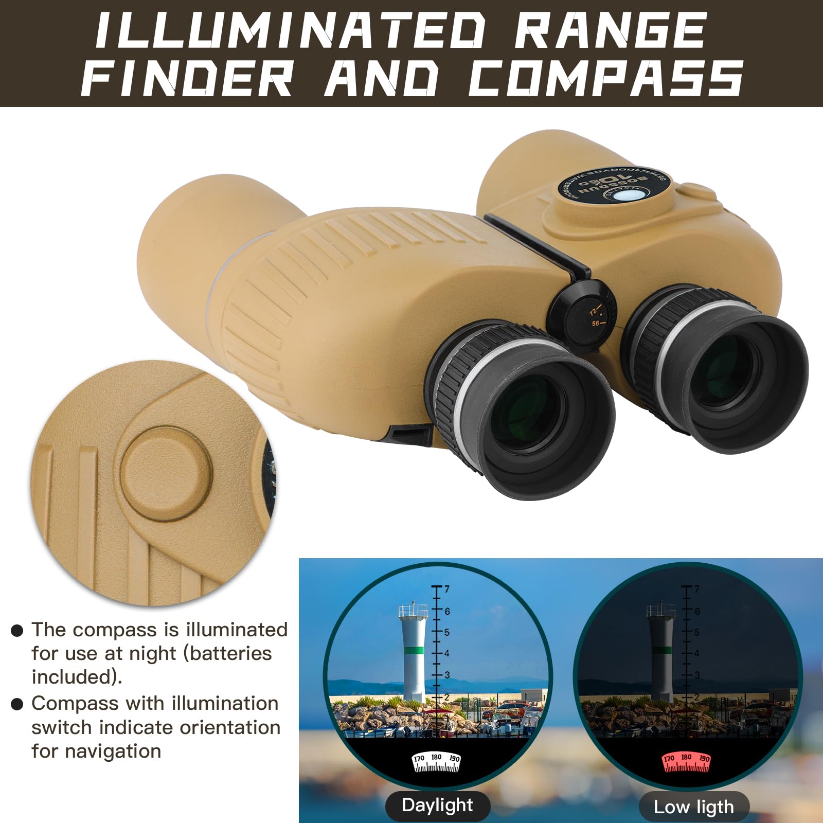 10x50 Binocolo Marino per Adulti, Binocoli Militare Impermeabile con Bussola Telemetro BAK4 Prisma Lente FMC Antiappannamento per la Navigazione Birdwatching Caccia (19B)