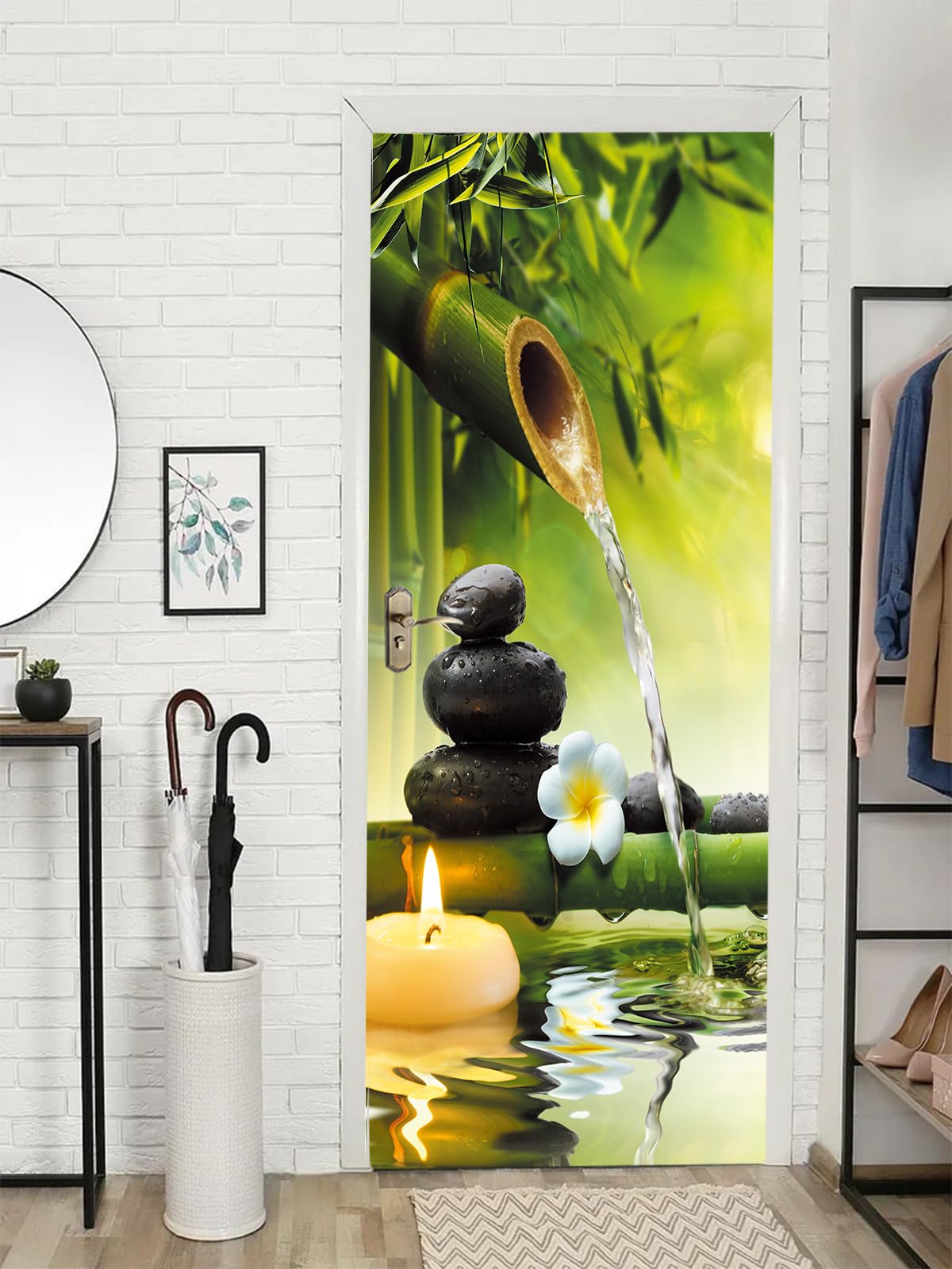 Flfk Mt1155 3D Door Sticker Peel And Stick 77X200cm- Self-Adhesive Door Wallpaper Poster Wall Murals Decals Green Bamboo Landscape For Home Decor(2Pcs/Set)