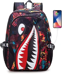 Kids Shark Backpack, USB Laptop Backpack - Lightweight, Water-Resistant, Orange-Red