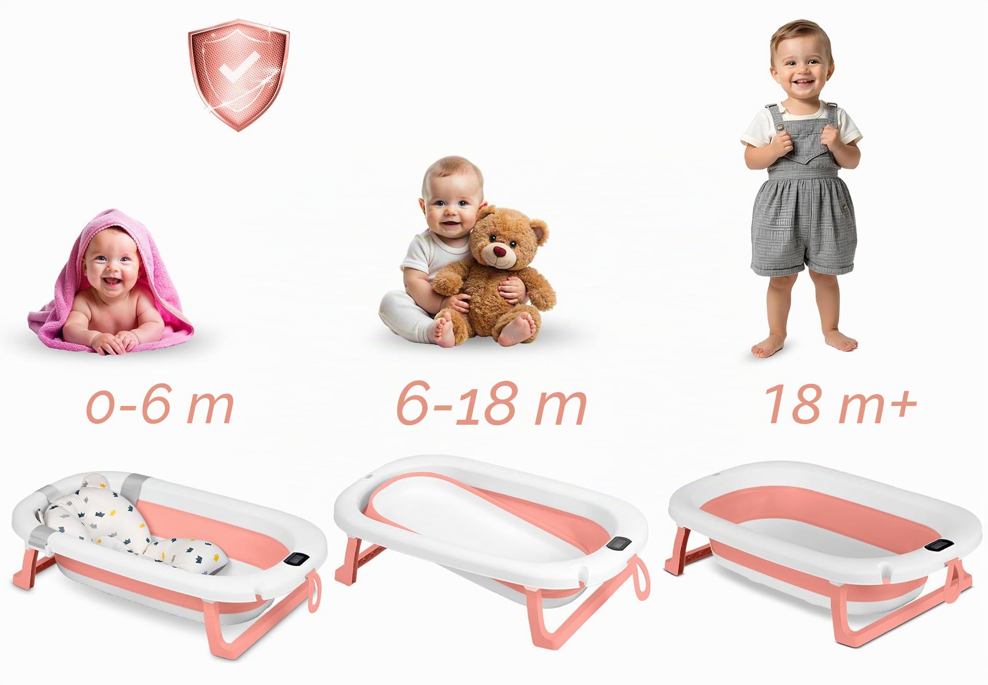 Ricokids Baignoire pour bébé avec support, thermomètre et coussin de bain, pliable, légère et antidérapante, blanc/rose