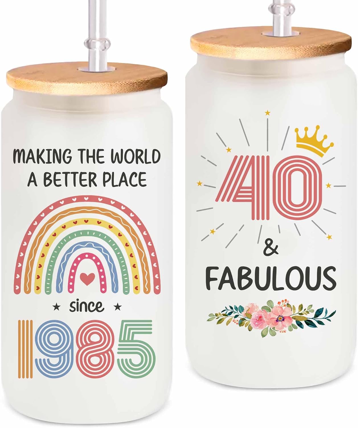 40th Birthday Gifts for Women - Gifts For 40th Birthday - 40th Birthday Decorations - 40th Birthday Gift Idea - Gift For Women 40th - 1985 Gift - 40 & Fabulous - Coffee Glass With Bamboo Lid And Straw