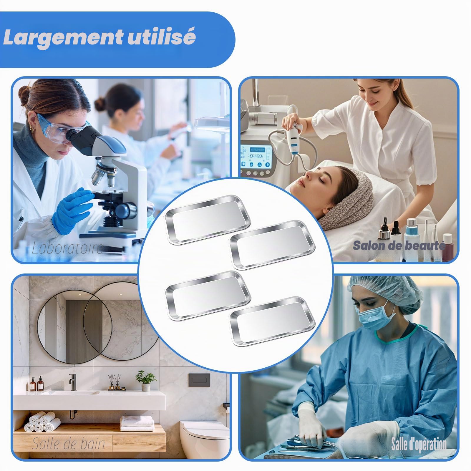 4 Pièces Plateau à Instruments, Plateaux Rectangulaires en Acier Inoxydable, Réutilisable Plateau de Laboratoire pour Les Salons de Beauté, Les Cliniques Vétérinaires, Les Cbinets Dentaires