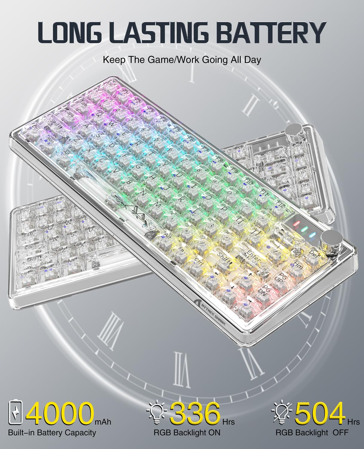 ATTACK SHARK K75 75% TKL Mecánico Teclado de Juego, BT5.0/2.4G/USB-C RGB, Teclado de Junta Transparente Personalizable con Perilla,Interruptor Lineal de Intercambio en Caliente, 4000 mAh-Blanco