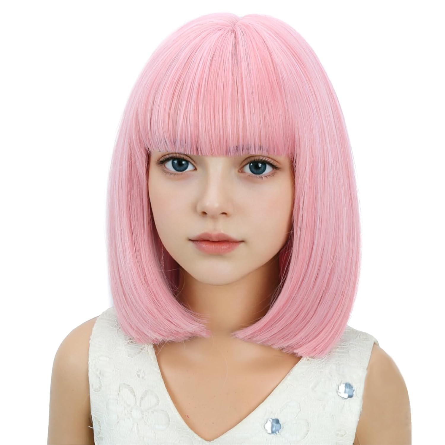 Kids Short Pastel Pink Bob Wigs Child Light Pink Wig with Bangs Girls Short Bob Wig for Kids Daily Party Use