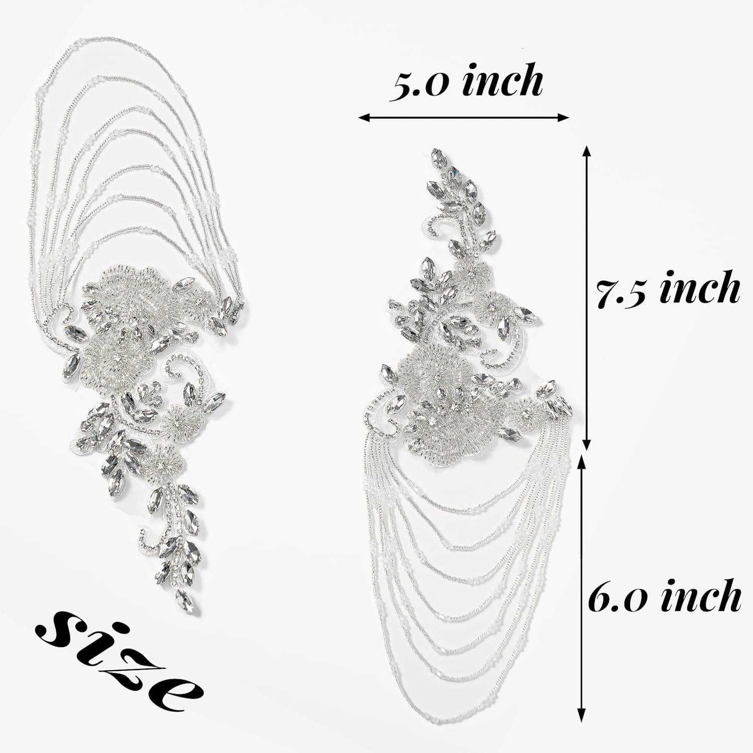 Pair Epaulettes Shoulder Patches for Dress,Beaded Rhinestones Appliques Embellishments Sew-on Diamond Sequin Applique （White）