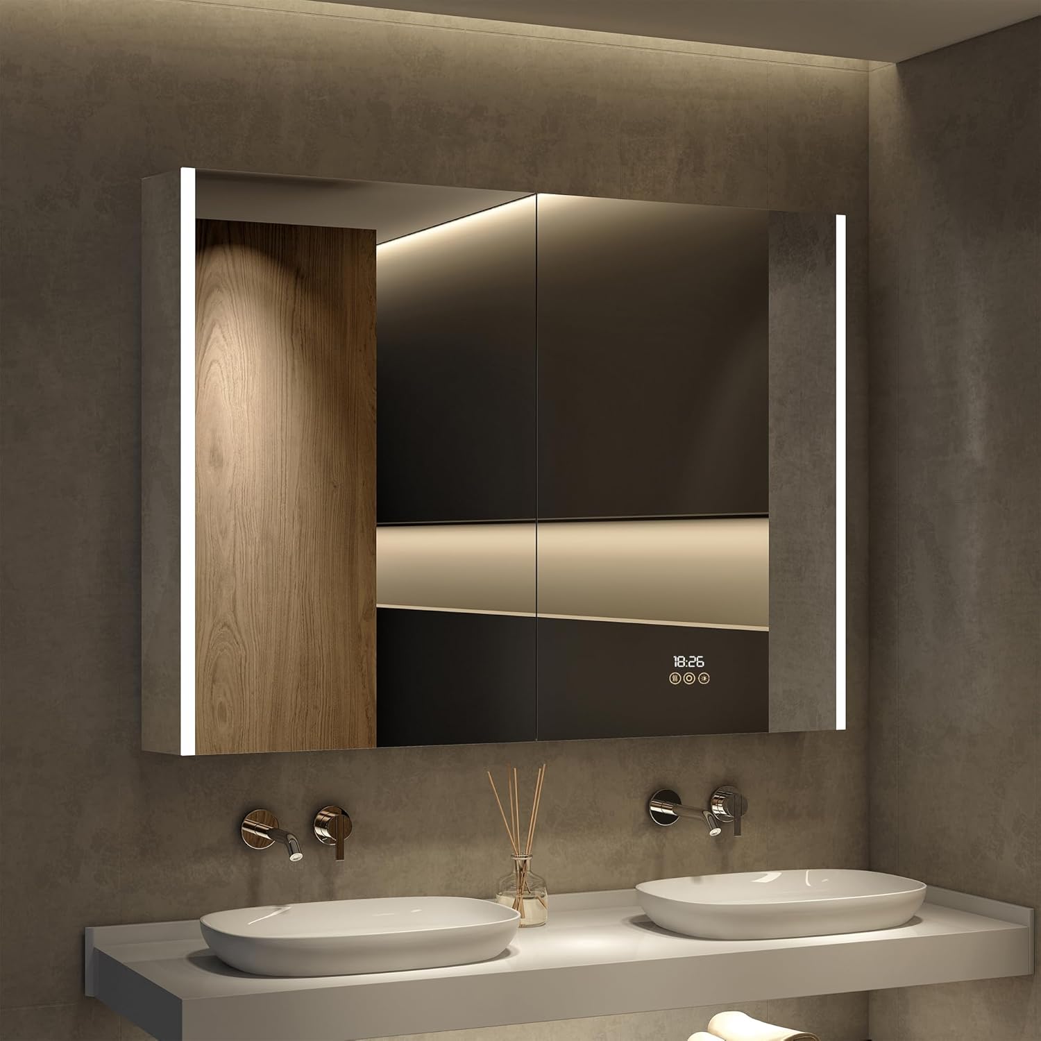 Medicine Cabinet with LED Lights and Mirror, 48 x 36 Inch Surface or Recessed Mounted Bathroom Cabinet with Door, Clock&Temp, Defogger, Memory Function, 3-Color Mode, Outlet&USB, Dimmer