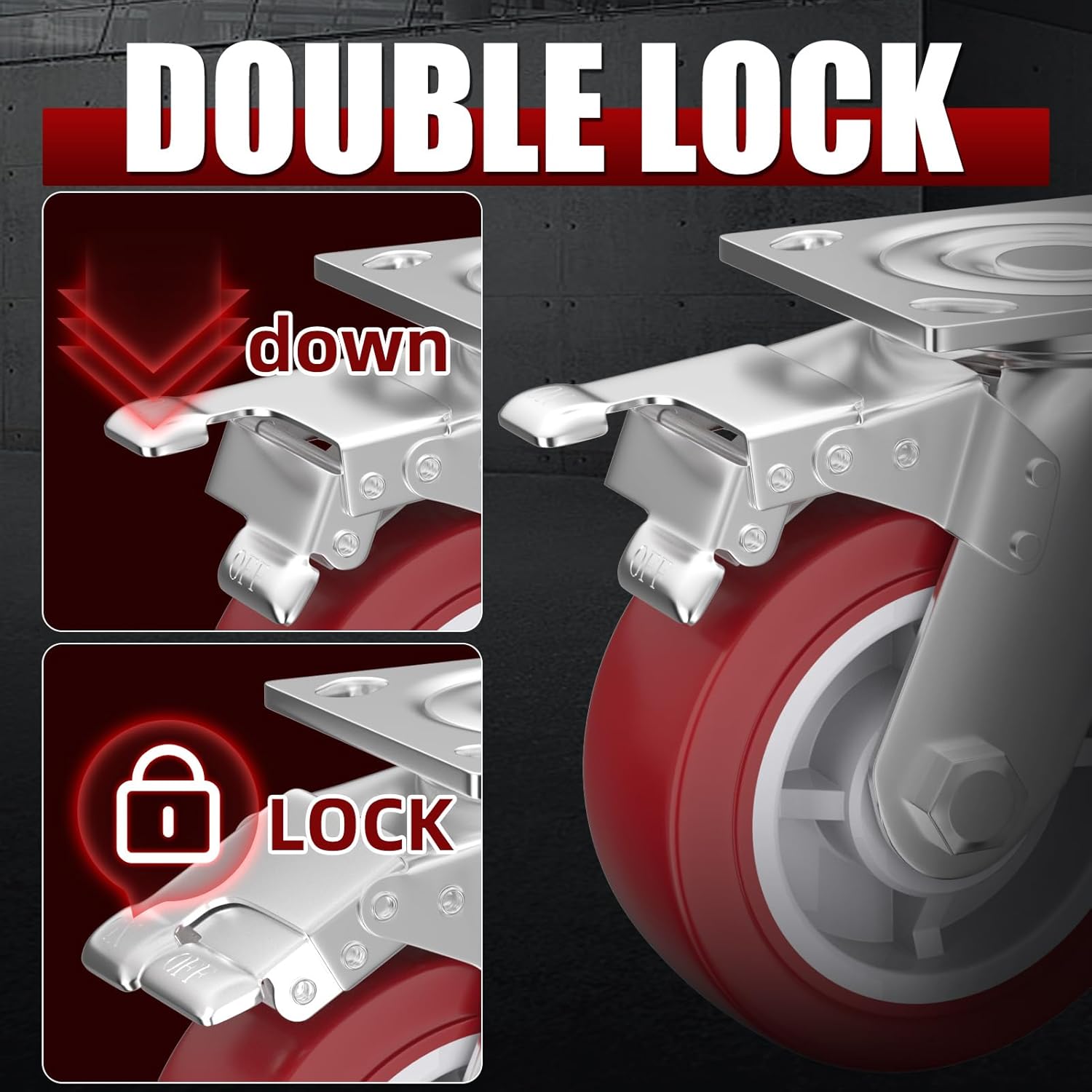 6 Inch Caster Wheels, Casters Set of 4 Heavy Duty - Swivel Casters with Brake, Locking Industrial Casters, No Noise Polyurethane Castor Wheels for Cart Workbench Furniture, Total Capacity 3600 lbs