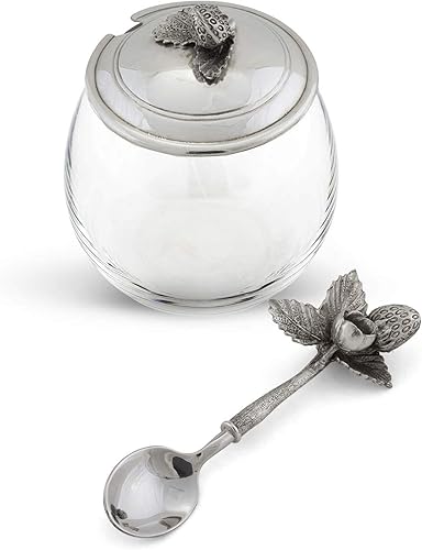 Miniatura 2 de Vagabond House Olla de vidrio con tarro de mermelada de fresas de metal de peltre con tapa y cuchara para servir, 5 pulgadas de alto, 12 onzas