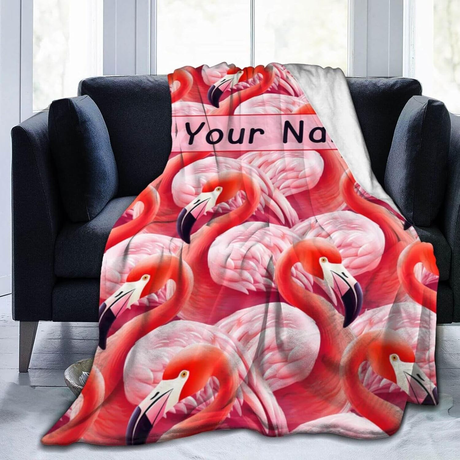 Custom Flamingo Blanket with Name for Women Men, Personalized Cute Flamingo Themed Design Printed Throw Blankets for Teens Adults Lap, Chair Sofa, Giftable Blanket, 50"x 60"