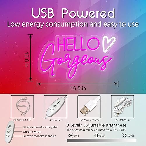 Miniatura 5 de Letrero de neón con texto en inglés Hello Gorgeous  Luces de neón USB rosadas para el hogar, boda, cumpleaños, telón de fondo, decoración de fiesta