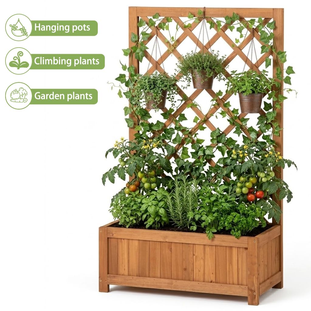 Aiuola rialzata con traliccio in legno, fioriera con supporto per piante rampicanti, aiuola verticale da giardino per fiori, verdure ed erbe, fioriera per balcone, terrazza e giardino, altezza 100 cm