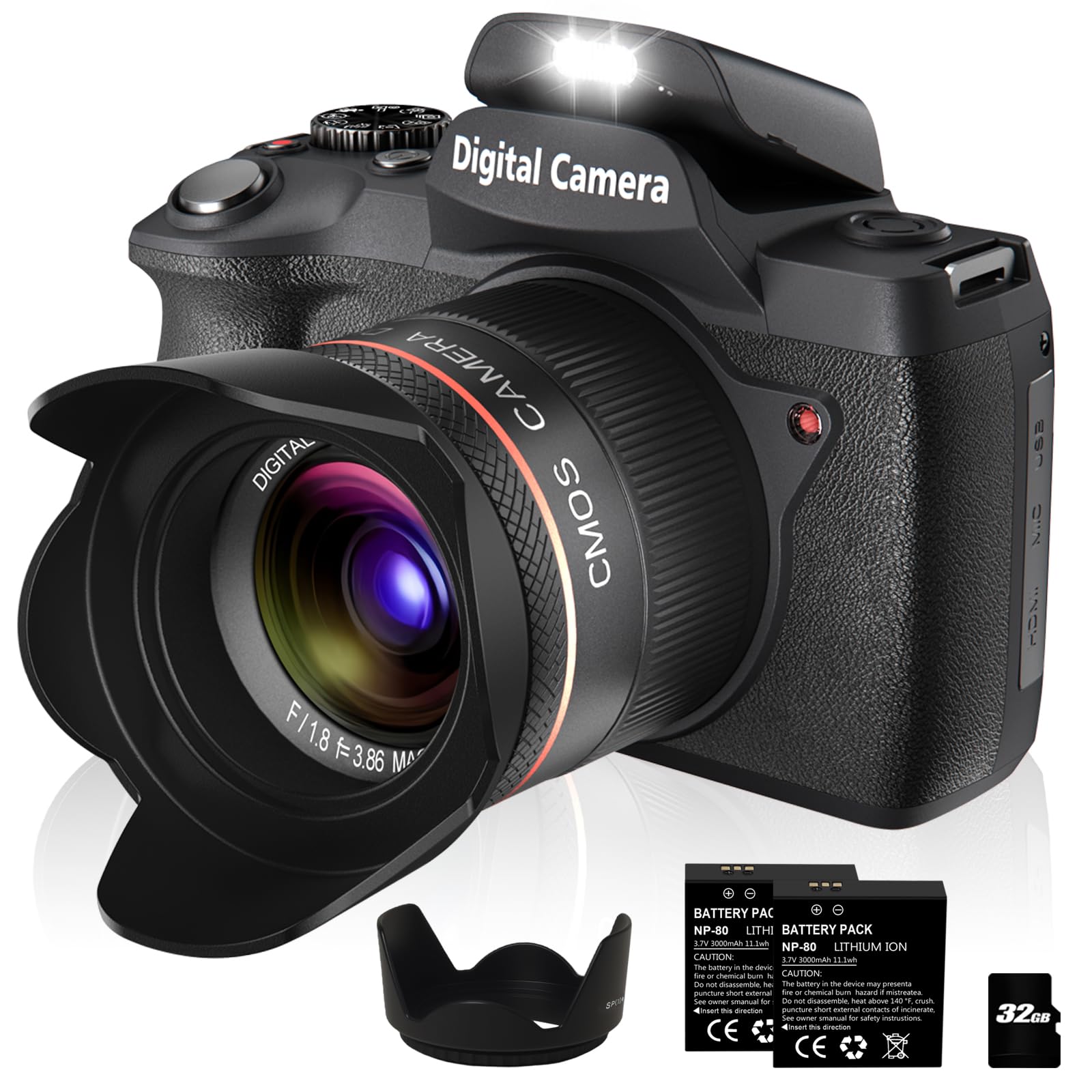 Cámaras digitales para fotografía de enfoque automático, cámara de vlogging WiFi de 64 MP con doble lente, pantalla táctil, zoom digital de 18X, cámara de viaje con parasol para lente, tarjeta de 32