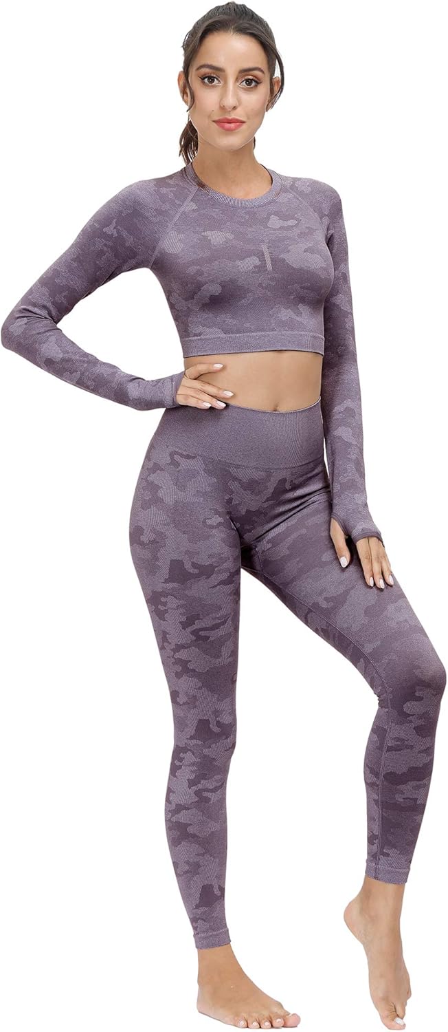 Women's Workout Outfit Set Active 2 Pieces Camo Seamless Yoga Leggings with Long Sleeves Crop Top Purple