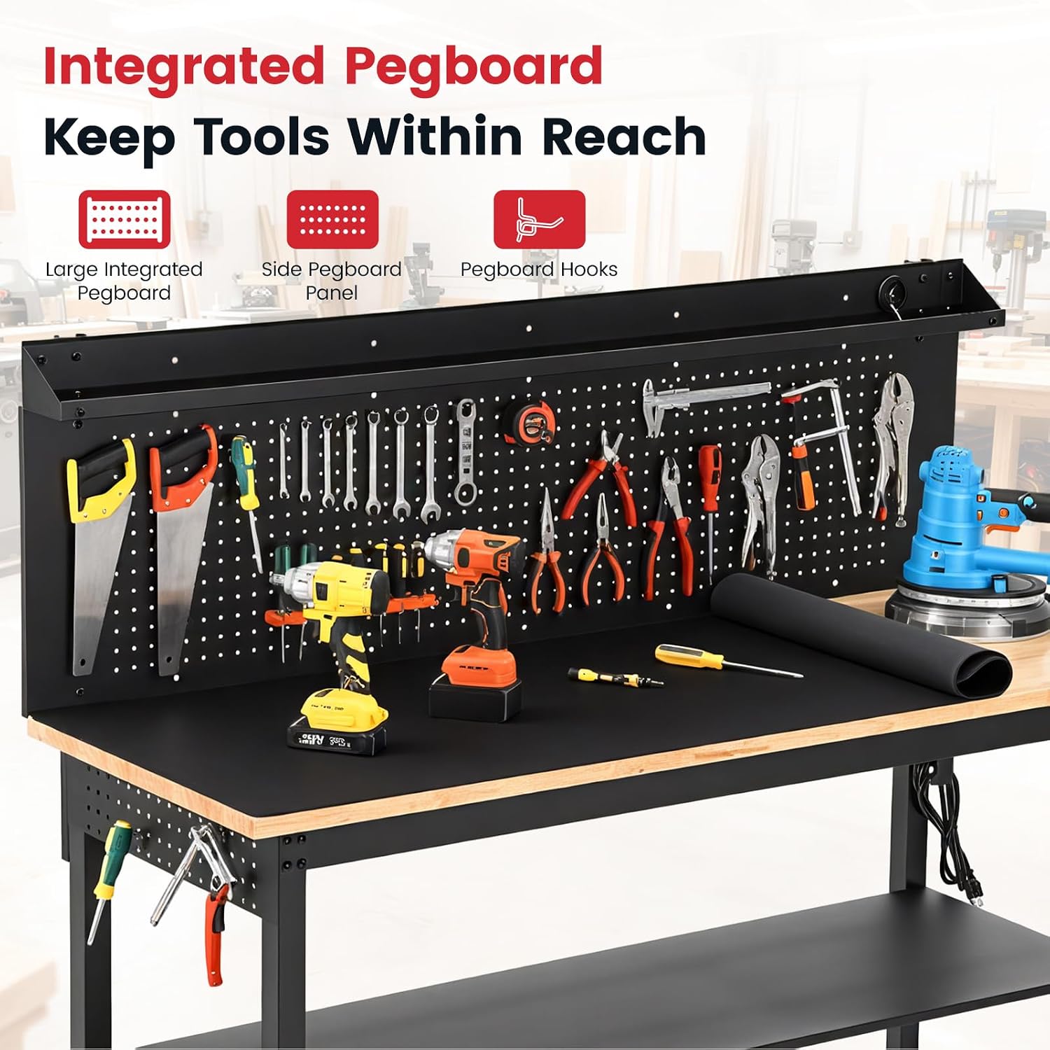 ENJOYWOOD 60 Inch Heavy Duty Workbench 3000 lbs Load Capacity Adjustable Height Work Table with Integrated Pegboard, Power Outlets, LED Light & Storage Shelf for Garage Workshop
