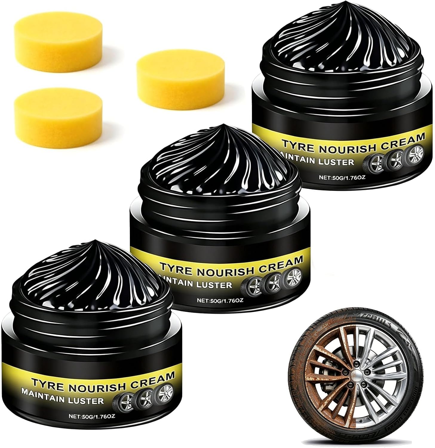3PCS Premium Tire Coating & Trim Restorer, Car Tire Shine with Sponge Bring Back the Original Deep Black Shine to Rubber and Plastic Long-Lasting Ceramic Coating & UV Protection, Nourish Renewal