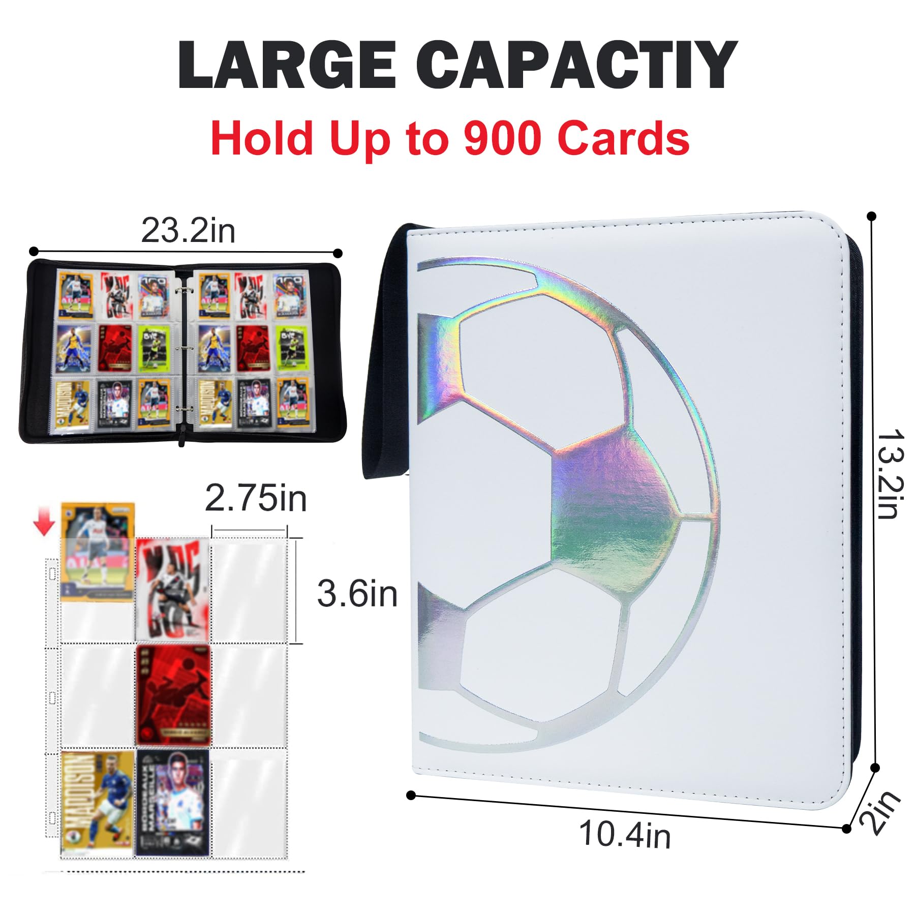 Fußball Karten Sammelalbum 900 Karten - 9 Fächer 50 Abnehmbare Seiten, Sport Karten Ordner mit Reißverschluss für Jungen 6-10 Jahre - 4