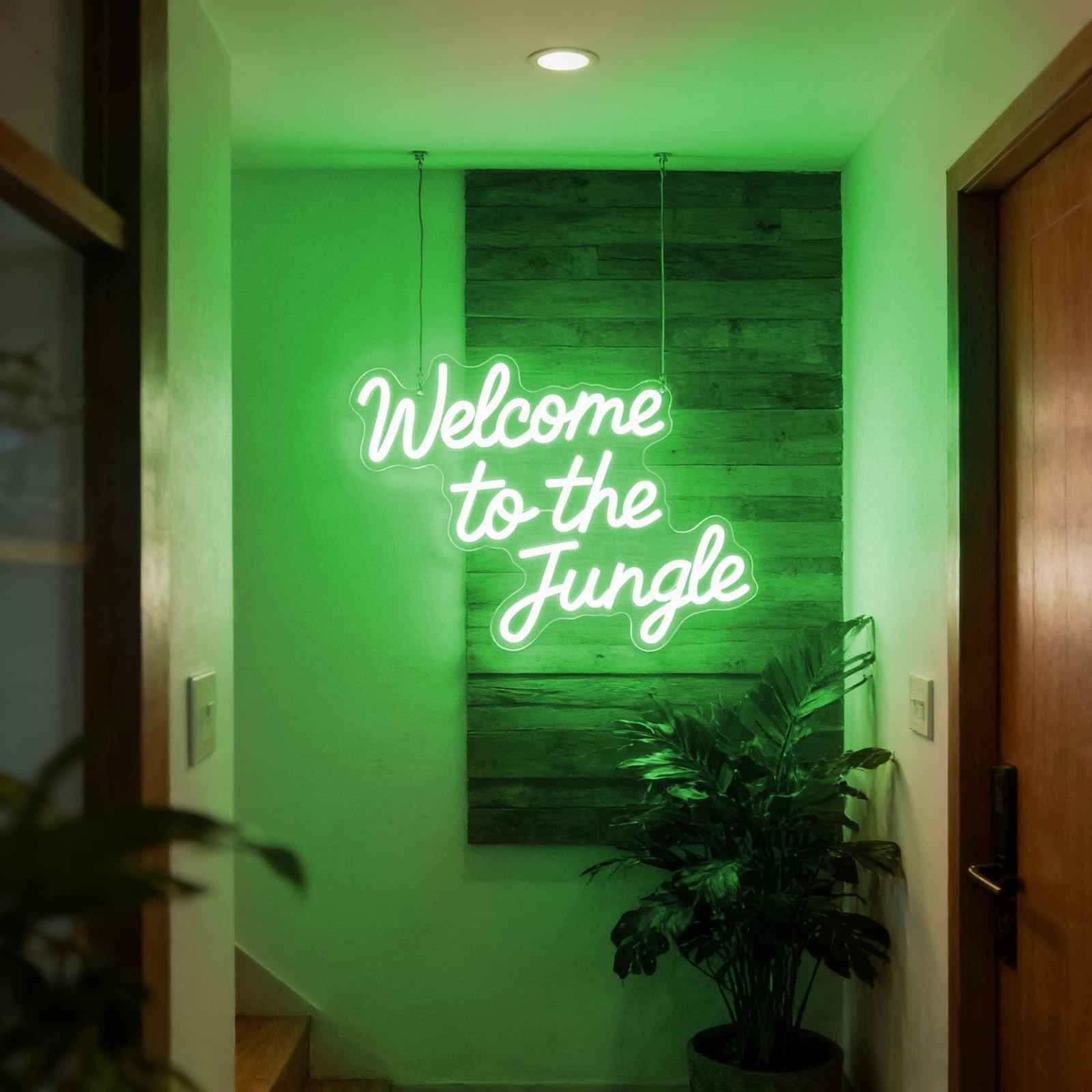 Letrero de neón con texto en inglés "Welcome to the Jungle" para decoración de la selva, luces LED verdes regulables para fiesta de selva, aula, guardería, entrada del hogar, habitación