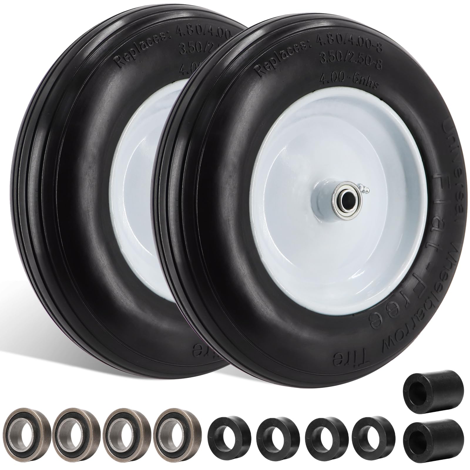 4.80/4.00-8" Flat Free Tire Wheelbarrow Tire with 3/4 & 5/8 Wheel Bearing 3" Hub 13"-16" Universal Fit Air Less Tire Solid Wheelbarrow Tire for Garden Cart Ribbed Tread Foamed Polyurethane Tire 2pc,similar 