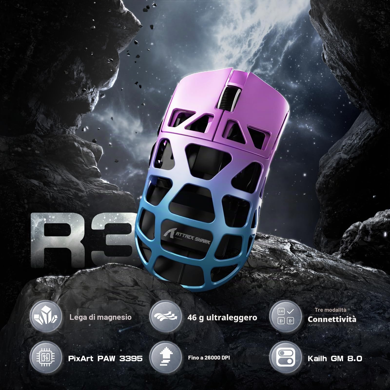 ATTACK SHARK R3PRO 46g SUPERLIGHT Gaming Mouse in Lega di Magnesio, Wireless 8000Hz Tasso di Polling, 26000DPI, G502 Mouse da Gioco, 2.4G/BT/Cablato, PixArt PAW3395, con Cavo a Spirale, PC/Mac, Viola
