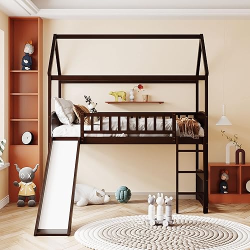 Miniatura 3 de Bellemave Cama tipo loft con tobogán para niños, cama alta de madera con escalera y techo, marco de cama tipo loft para niños, adolescentes, niños y