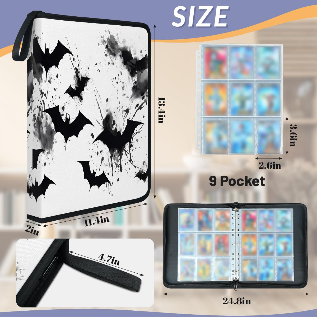 Raccoglitore per carte collezionabili con 9 tasche, per Halloween, nero, con maniche rimovibili, impermeabile, con cerniera, 50 pagine, capacità 900 carte