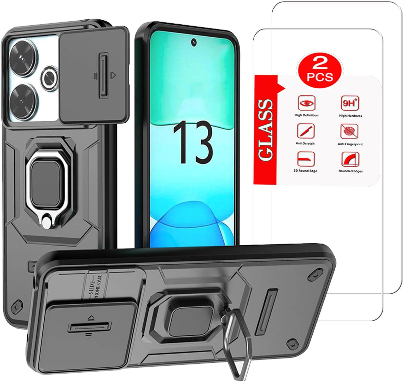 for Xiaomi Redmi 13 4G Case with [2 Pack] Tempered Glass Screen Protector, for Redmi 13 4G Case [Military-Grade] Protective，with Lens Protects Magnetic Kickstand Car Mount Holder Phone Case