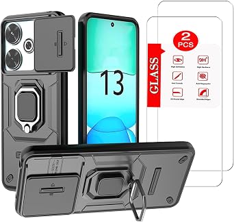 for Xiaomi Redmi 13 4G Case with [2 Pack] Tempered Glass Screen Protector, for Redmi 13 4G Case [Military-Grade] Protective,with Lens Protects Magnetic Kickstand Car Mount Holder Phone Case