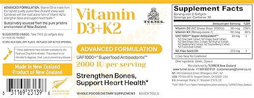 Miniatura 2 de Turner Cápsulas de vitamina D3 y K2, alta potencia D3 2000IU y K2 (MK7) 80mcg, VIT D3 único de lana de oveja 100% lanolina de oveja de Nueva