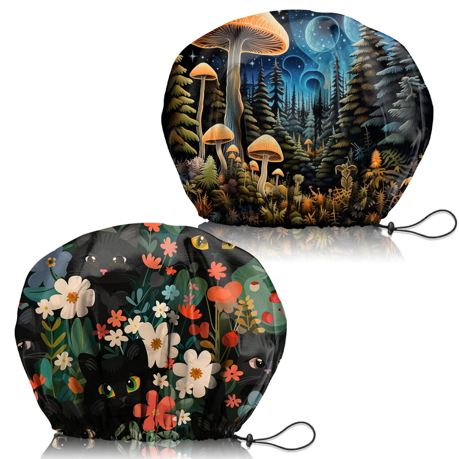 2 gorros de ducha ajustables, reutilizables, de doble capa impermeable, elásticos, para el cabello, bonitos gorros de baño estéticos para mujeres y niñas, hongos y gatos