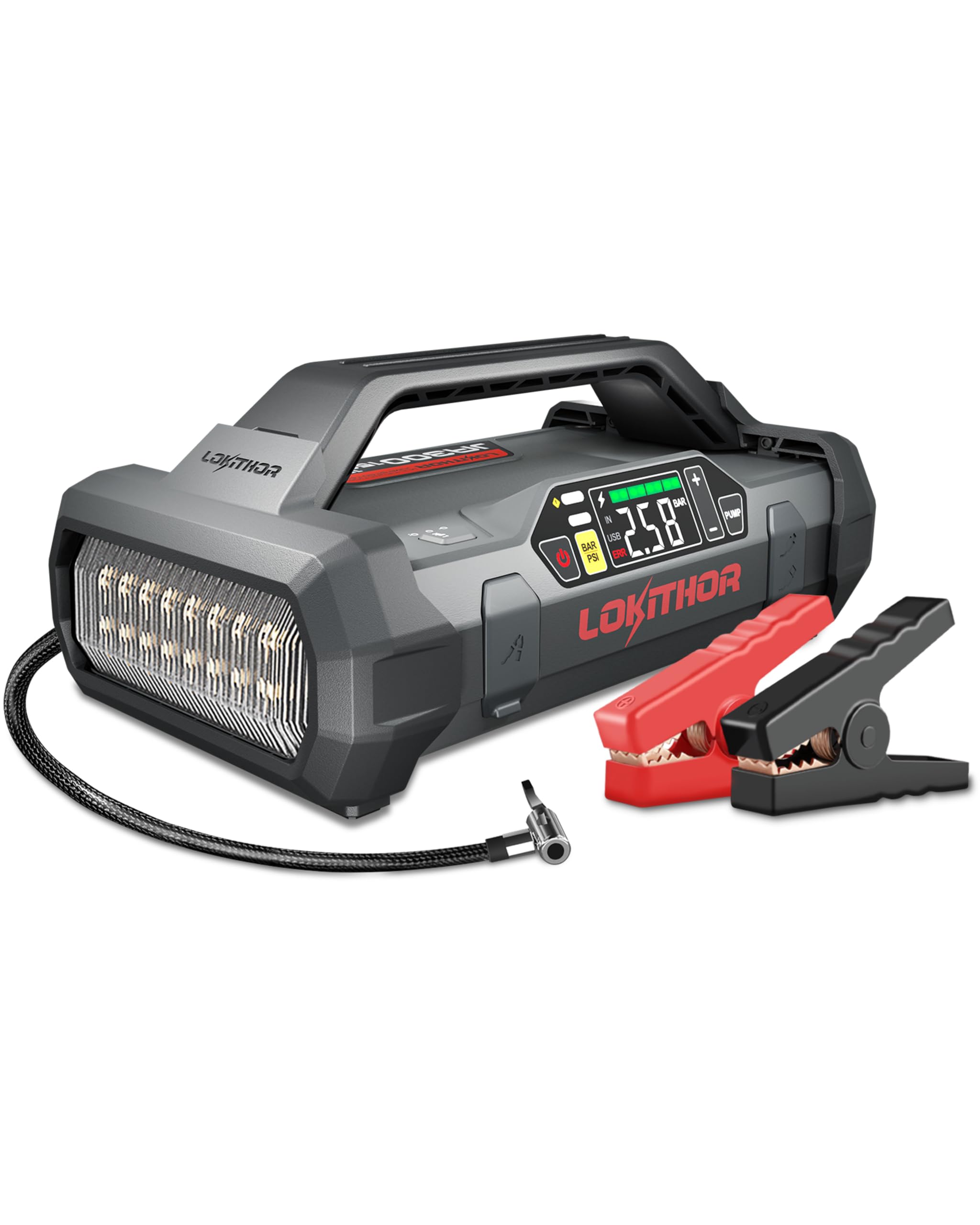 LOKITHOR JA300 Arrancador de Coche 1500A con Compresor 150 PSI | Compresor de Aire de 150 PSI y Pantalla Digital, para Motores de Gasolina 7,0L y Diésel 4,5L