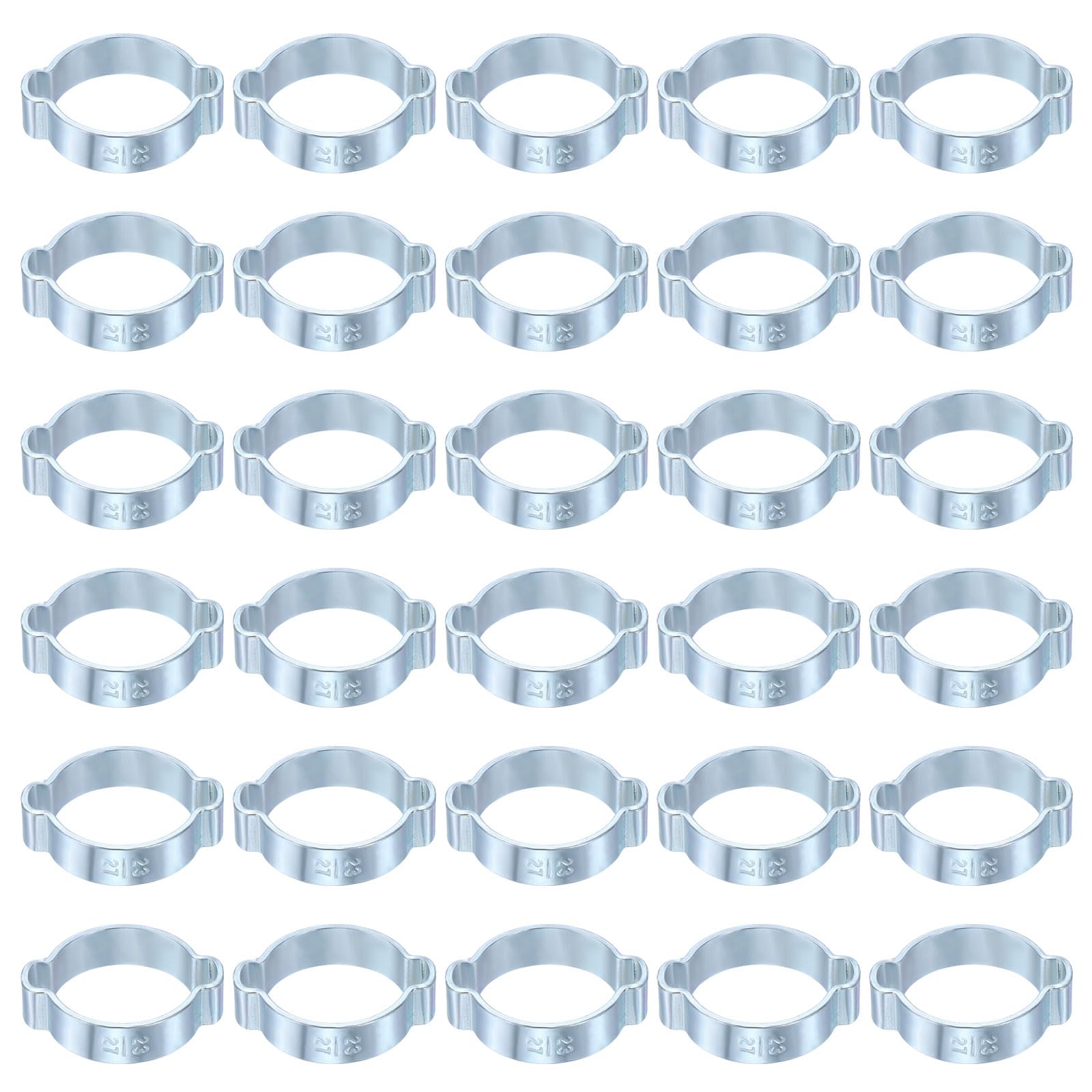 sourcing map 30pcs Double Ear Hose Clamp 23-27 mm Galvanized Steel Hose Clamp Double Ear O Clips Crimp Rings for Fuel Line Pipe Tube Fitting Connections, Silver