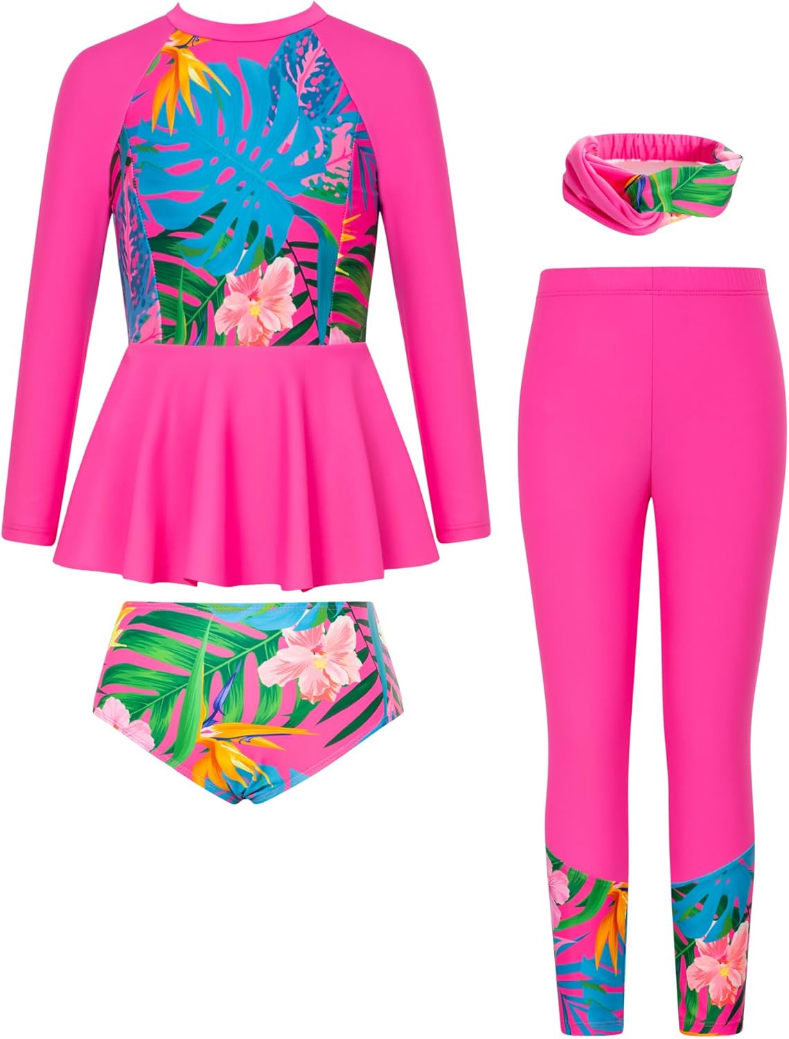 GRACE KARIN Girls Long Sleeve Swimsuit Mermaid Bathing Suit Rash Guard Swimwear 4 Piece Size 5-12