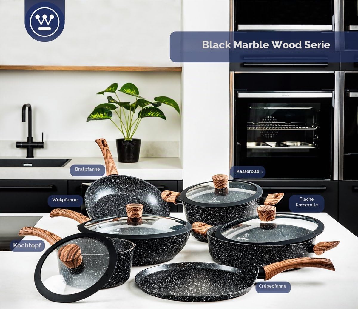 Westinghouse Pancake Pfanne Induktion - 26cm Spiegeleipfanne Augenpfanne Eierpfanne - PFOA Frei - Für alle Herdarten - Hitzebeständiger Griff - Schwarze Marmor Sonderedition
