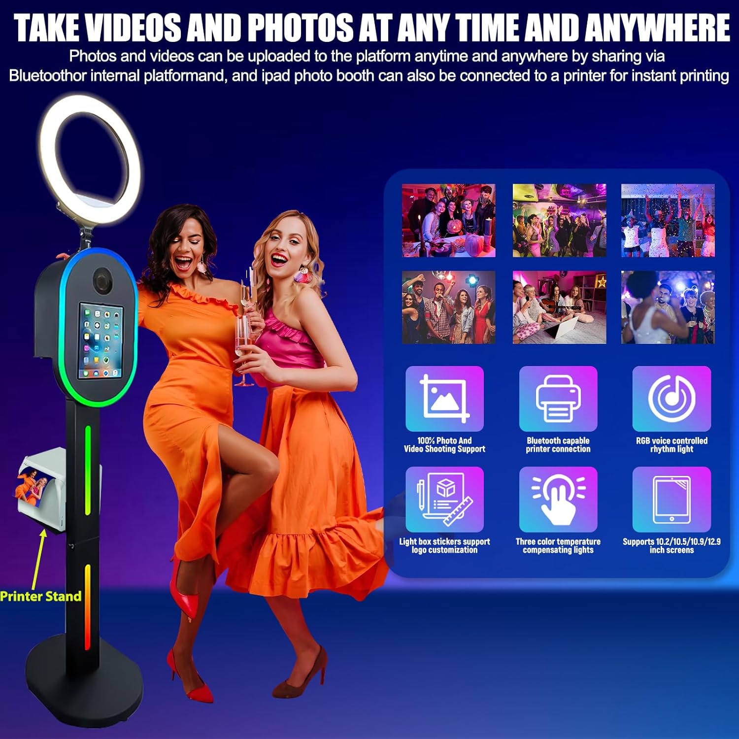 Portable Photo Booth for Camera & iPad 10.2in 10.9in 11in 12.9in 13in, 2-in-1 Design Metal Shell Selfie Station photobooth Machine, RGB Fing Light,Flight Case for for Parties,Wedding and Rental