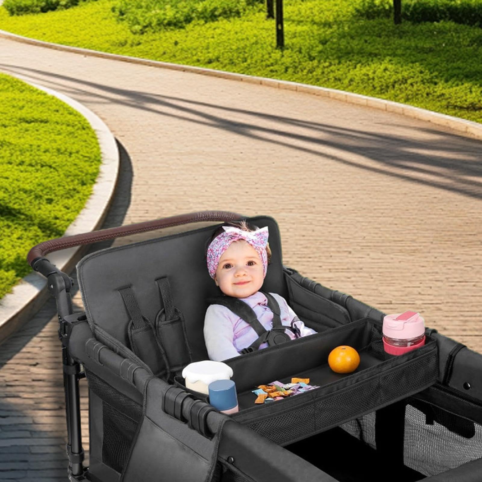 Snacktablett für Kinderwagen | Zubehör für Kinderwagen | Tablett für Kinderwagen | Kinderwagentablett mit Getränkehalter, Seite aus wasserdichtem Kunstleder, ideal für