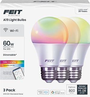 Feit Electric OM60/RGBW/CA/AG/3 Smart WiFi LED Bulbs 3-Pack: 60W RGB Color Changing, Tunable White, Dimmable, Alexa/Google, No Hub