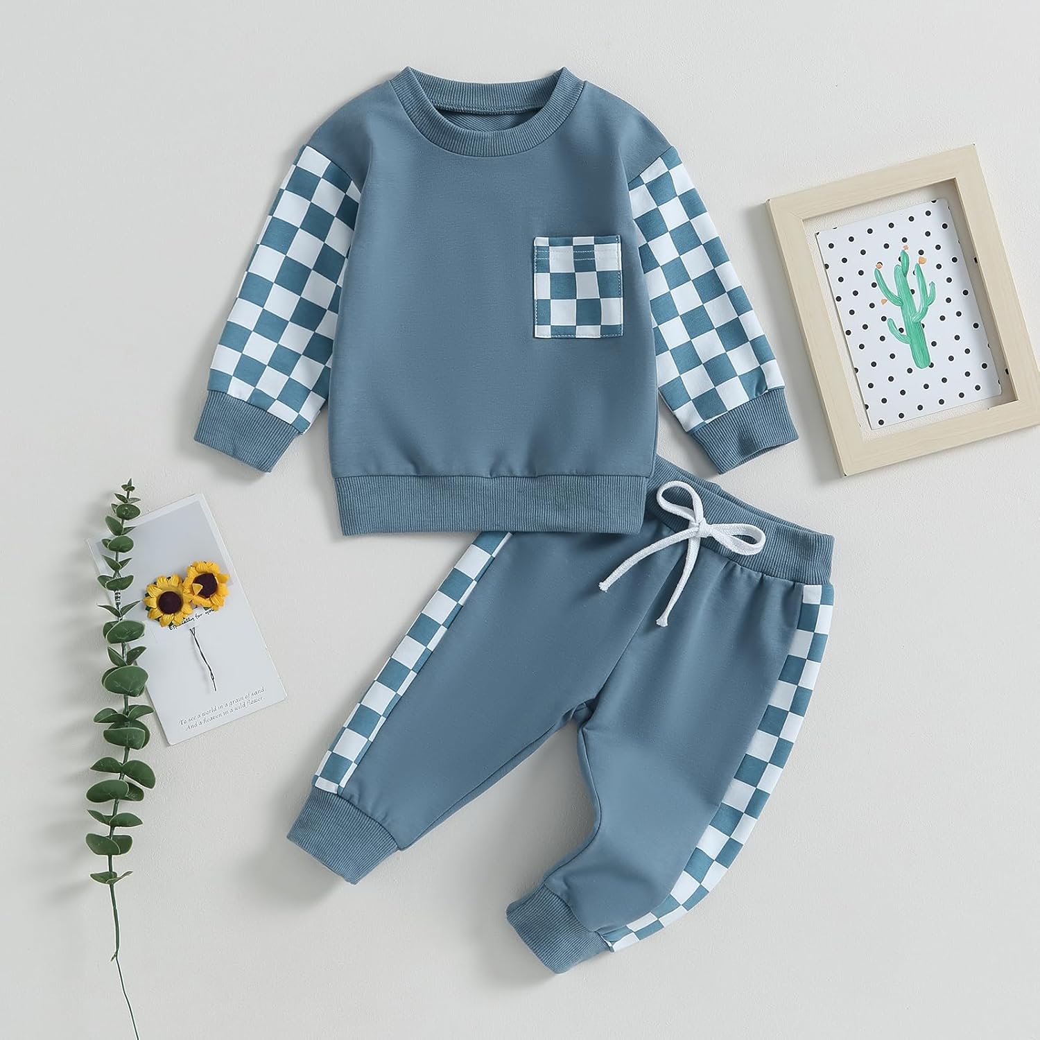 Karwuiio Toddler Baby Boy Girl Clothes Checkerboard Print Long Sleeve Sweatshirt Tops and Pants Fall Clothing Set - Image 2